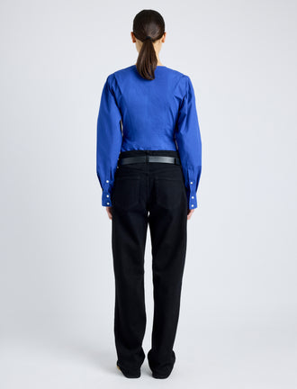 Proenza Schouler Back full length image of model wearing Ivonne Top in Eco Poplin in BLUE