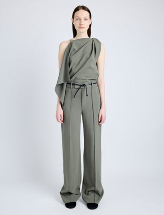 Proenza Schouler Front full length image of model wearing Alyssa Top in Matte Viscose Crepe in WOOD