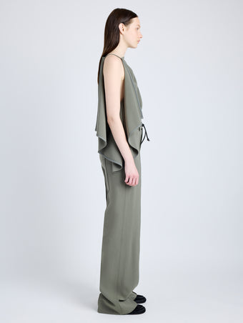 Proenza Schouler Side full length image of model wearing Alyssa Top in Matte Viscose Crepe in WOOD