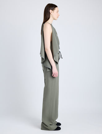 Proenza Schouler Side full length image of model wearing Alyssa Top in Matte Viscose Crepe in WOOD