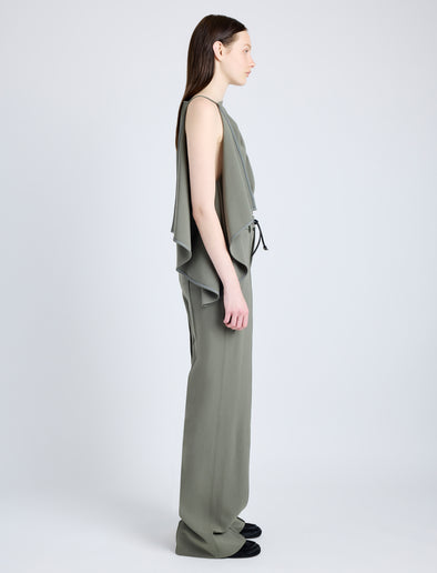Proenza Schouler Side full length image of model wearing Alyssa Top in Matte Viscose Crepe in WOOD