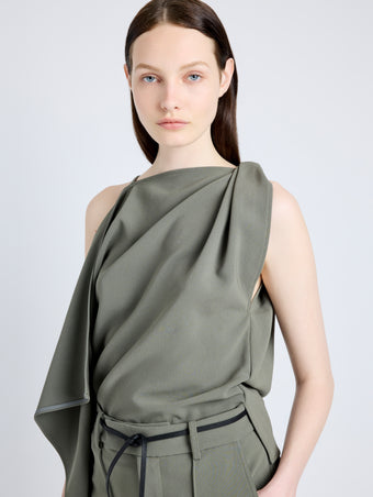 Proenza Schouler Detail image of model wearing Alyssa Top in Matte Viscose Crepe in WOOD