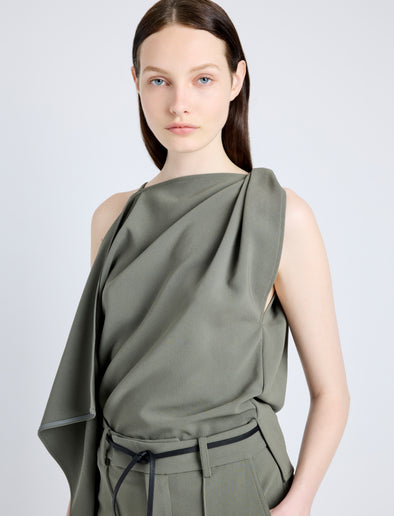 Proenza Schouler Detail image of model wearing Alyssa Top in Matte Viscose Crepe in WOOD