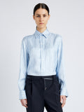 Proenza Schouler front cropped image of model wearing Madison Top in Stripe Silk Twill in pale blue multi
