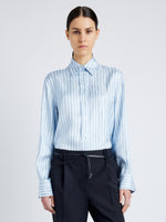 Proenza Schouler front cropped image of model wearing Madison Top in Stripe Silk Twill in pale blue multi