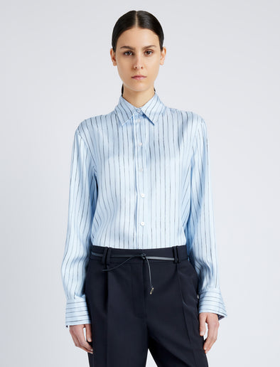 Proenza Schouler front cropped image of model wearing Madison Top in Stripe Silk Twill in pale blue multi