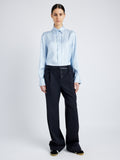 Proenza Schouler front image of model wearing Madison Top in Stripe Silk Twill in pale blue multi