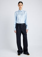 Proenza Schouler front image of model wearing Madison Top in Stripe Silk Twill in pale blue multi