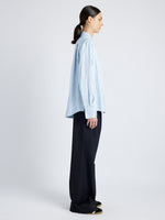 Proenza Schouler side image of model wearing Madison Top in Stripe Silk Twill in pale blue multi