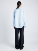 Proenza Schouler back image of model wearing Madison Top in Stripe Silk Twill in pale blue multi