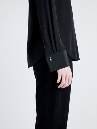 Proenza Schouler detail image of model wearing Arabella Top in Eco Silk in BLACK