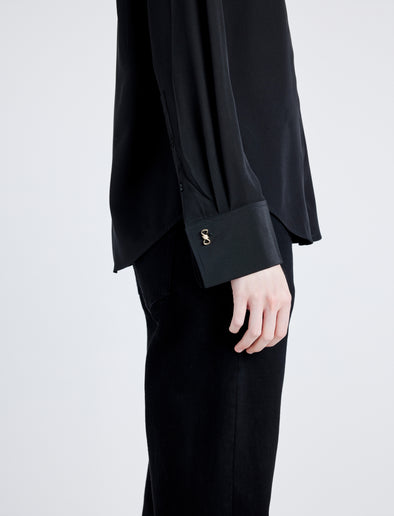 Proenza Schouler detail image of model wearing Arabella Top in Eco Silk in BLACK