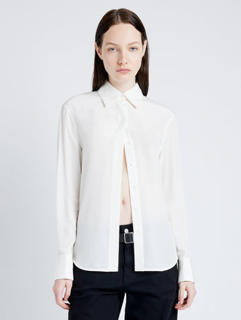 Proenza Schouler Front cropped image of model wearing Arabella Top in Eco Silk in WHITE