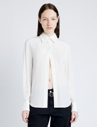 Proenza Schouler Front cropped image of model wearing Arabella Top in Eco Silk in WHITE