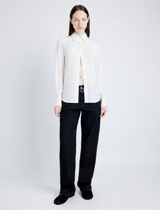 Proenza Schouler Front full length image of model wearing Arabella Top in Eco Silk in WHITE