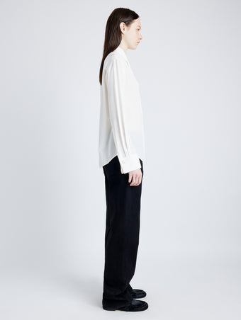Proenza Schouler Side full length image of model wearing Arabella Top in Eco Silk in WHITE