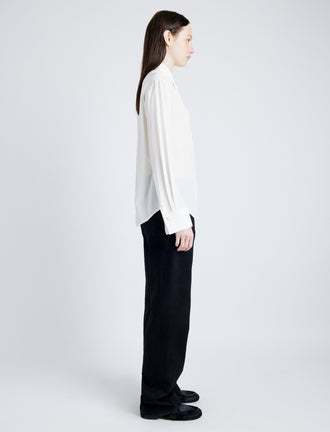 Proenza Schouler Side full length image of model wearing Arabella Top in Eco Silk in WHITE