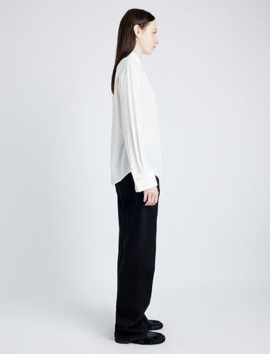 Proenza Schouler Side full length image of model wearing Arabella Top in Eco Silk in WHITE