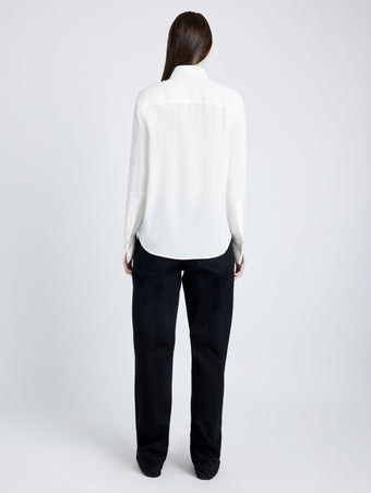 Proenza Schouler Back full length image of model wearing Arabella Top in Eco Silk in WHITE
