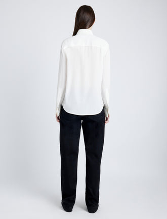 Proenza Schouler Back full length image of model wearing Arabella Top in Eco Silk in WHITE