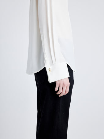Proenza Schouler Detail image of model wearing Arabella Top in Eco Silk in WHITE