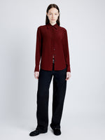 Proenza Schouler front image of model wearing Arabella Top in Eco Silk in OX BLOOD