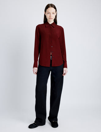 Proenza Schouler front image of model wearing Arabella Top in Eco Silk in OX BLOOD