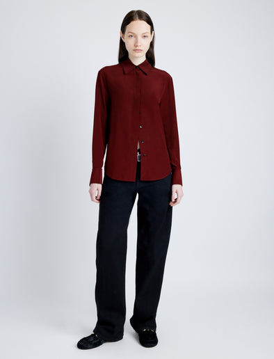 Proenza Schouler front image of model wearing Arabella Top in Eco Silk in OX BLOOD
