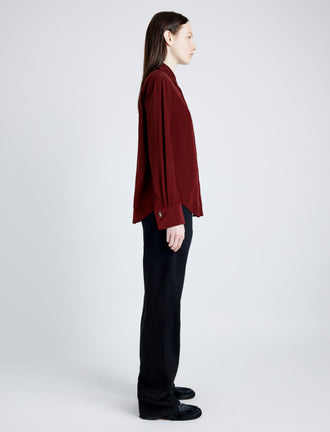 Proenza Schouler side image of model wearing Arabella Top in Eco Silk in OX BLOOD