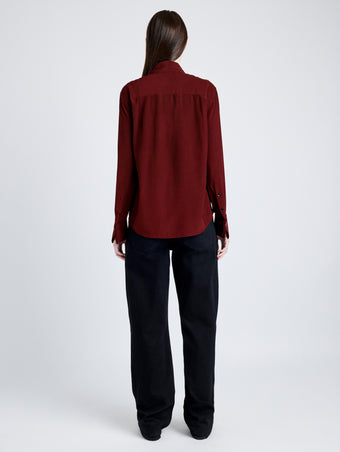 Proenza Schouler back image of model wearing Arabella Top in Eco Silk in OX BLOOD