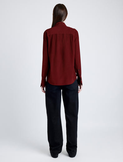 Proenza Schouler back image of model wearing Arabella Top in Eco Silk in OX BLOOD