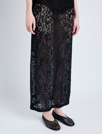 Proenza Schouler Detail image of model wearing Jasmine Skirt in Stretch Lace in BLACK