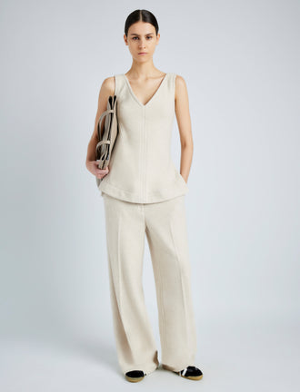 Proenza Schouler Front full length image of model wearing Violet Pant in Wool Jersey in TAUPE MELANGE