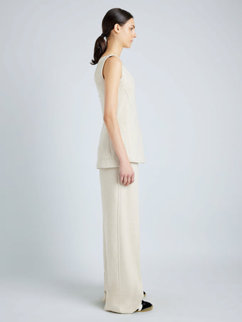 Proenza Schouler Side full length image of model wearing Violet Pant in Wool Jersey in TAUPE MELANGE