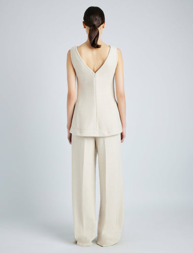 Proenza Schouler Back full length image of model wearing Violet Pant in Wool Jersey in TAUPE MELANGE