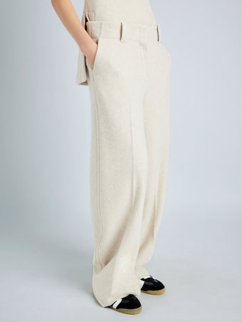 Proenza Schouler Detail image of model wearing Violet Pant in Wool Jersey in TAUPE MELANGE