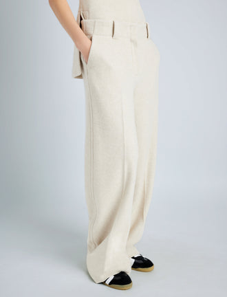 Proenza Schouler Detail image of model wearing Violet Pant in Wool Jersey in TAUPE MELANGE