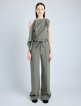 Proenza Schouler Front full length image of model wearing Weyes Pant in Matte Viscose Crepe in WOOD