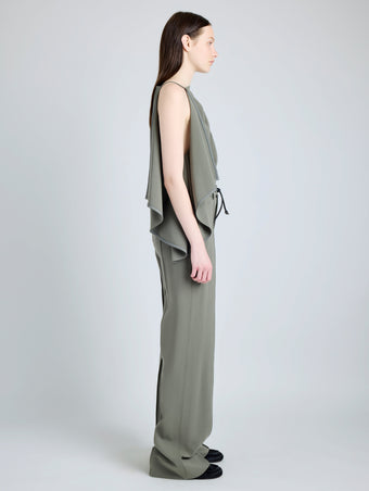 Proenza Schouler Side full length image of model wearing Weyes Pant in Matte Viscose Crepe in WOOD