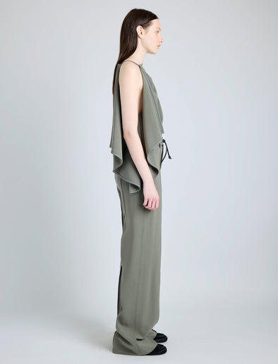 Proenza Schouler Side full length image of model wearing Weyes Pant in Matte Viscose Crepe in WOOD