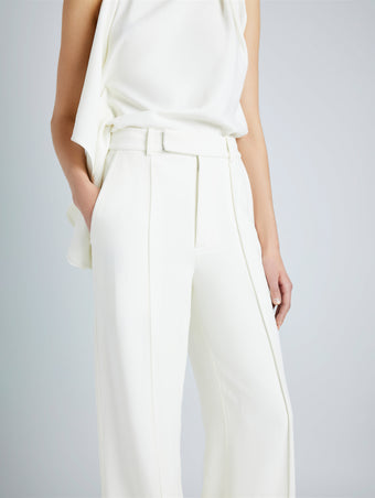 Proenza Schouler Detail image of model wearing Weyes Pant in Matte Viscose Crepe in IVORY