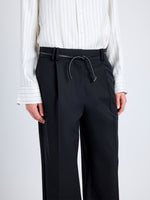 Proenza Schouler Detail image of model wearing Savannah Pant in Wool Gabardine Suiting in BLACK