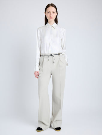 Proenza Schouler Front full length image of model wearing Savannah Pant in Wool Gabardine Suiting in TAUPE