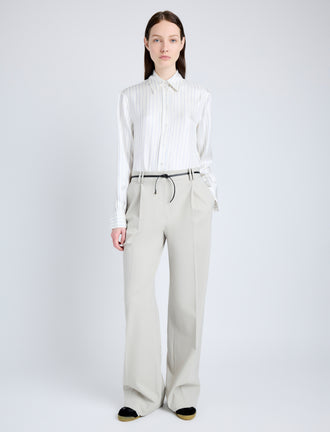 Proenza Schouler Front full length image of model wearing Savannah Pant in Wool Gabardine Suiting in TAUPE