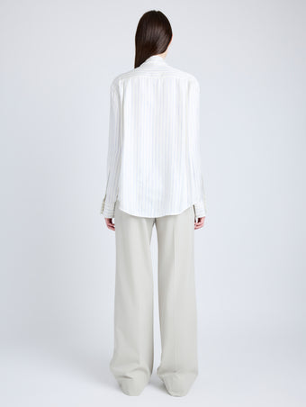 Proenza Schouler Back full length image of model wearing Savannah Pant in Wool Gabardine Suiting in TAUPE