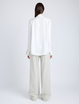 Proenza Schouler Back full length image of model wearing Savannah Pant in Wool Gabardine Suiting in TAUPE