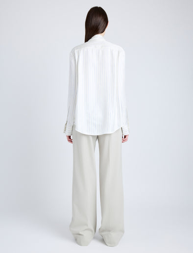 Proenza Schouler Back full length image of model wearing Savannah Pant in Wool Gabardine Suiting in TAUPE