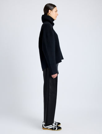 Proenza Schouler Side full length image of model wearing Noland Pant in Leather in BLACK