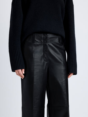 Proenza Schouler Detail image of model wearing Noland Pant in Leather in BLACK