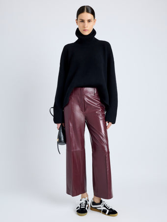 Proenza Schouler Front full length image of model wearing Noland Pant in Leather in OX BLOOD